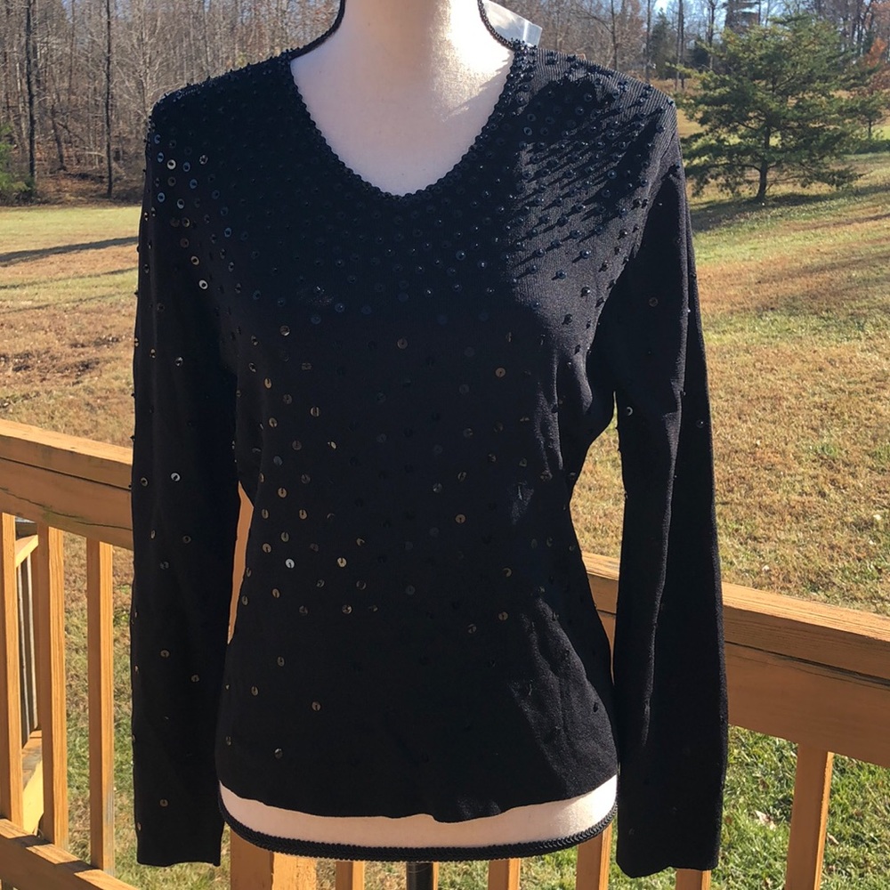 Laura Ashley Vintage Top Size S Sparkle Black Sequins Holiday Pullover NWT